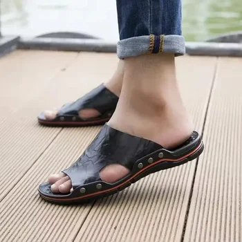 الرجال شبشب صيفي لينة بولي Leather الجلود الفاخرة النعال السوداء جديد تنفس الكلاسيكية الشاطئ المضادة للانزلاق حذاء كاجوال صنادل رجالي