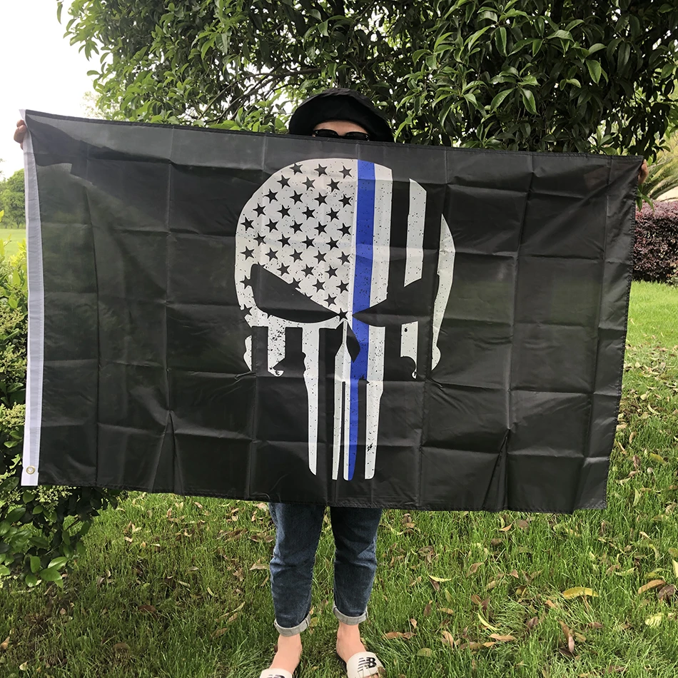 Sky Flag 90X150Cm Punisher Flag Thin Blue Line Skull Bone America Punisher Bandiera Della Polizia 3 X5Ft Sfondo Nero Decorare Banner