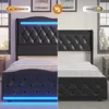 Large Bed Frame with Bed Tail, Charging Station, PU Leather Cushioned Platform, Large Bed with Wing Back Storage Headboard 3
