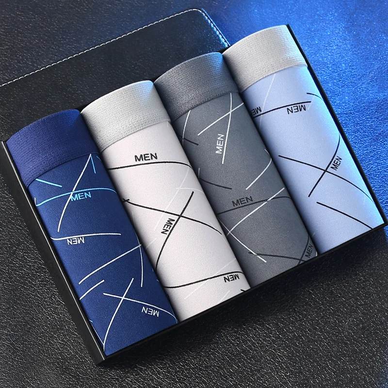 4pcs men's underwear, comfortable, soft and fashionable daily line print intimate boxer briefs, sporty and breathable boxers