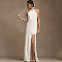 Halter High Neck Sleeveless Sheath Wedding Dress Floor Length Side Slit Bridal Sexy Open Back with Sweep Train Buttons Gowns