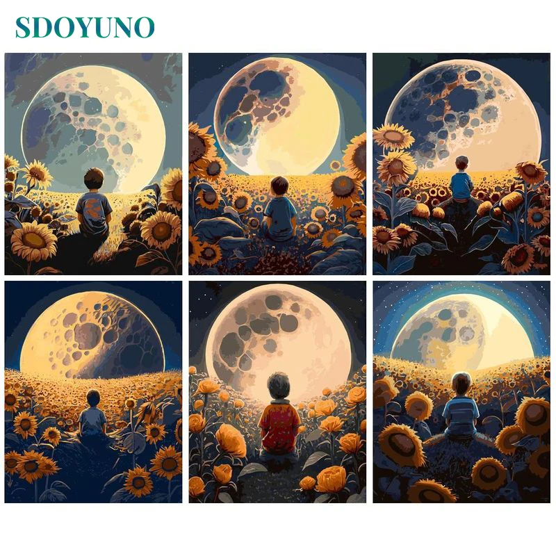 

SDOYUNO Diy Painting By Numbers Sunflowers Moon Kit Coloring By Numbers 60x75 Framed On Canvas Landscape For Unique Gift Art