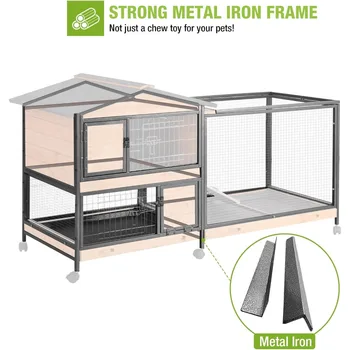 Rabbit Hutch with Chew-Resistant Metal Frame Indoor Bunny Cage Outdoor Rabbit Cage with Wheels and Leakproof Tray 2