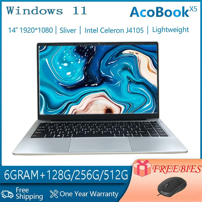 Notebook Laptop Windows 11 Pro 14.1" 1920x1080 FHD IPS Display 6G RAM 128GB/256GB/512GB/1T SSD Dual Band Wifi2.4G/5G