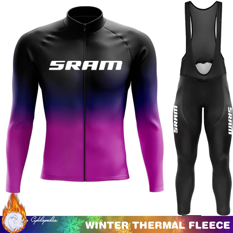 SRAM Cycling Jersey Men Winter Thermal Fleece Clothing Man Set Long Sleeve Outfit Sportswear Triathlon Bib Retro Jumper Mtb