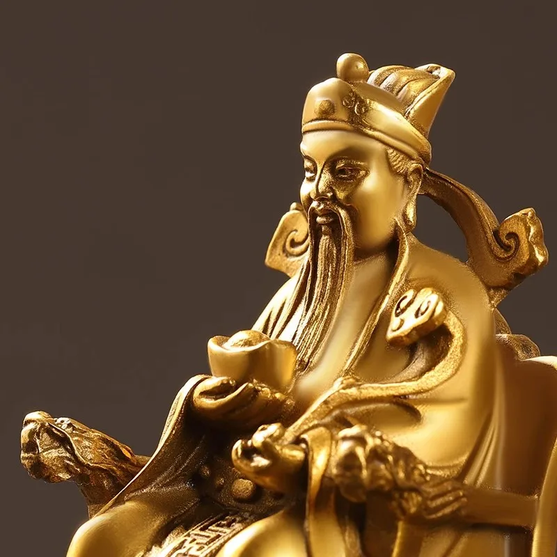 Pure Copper God of Wealth Statue - Sitting on Dragon Throne with Ruyi Scepter & Gold Ingots, Lucky Feng Shui Decor ，Home/Office