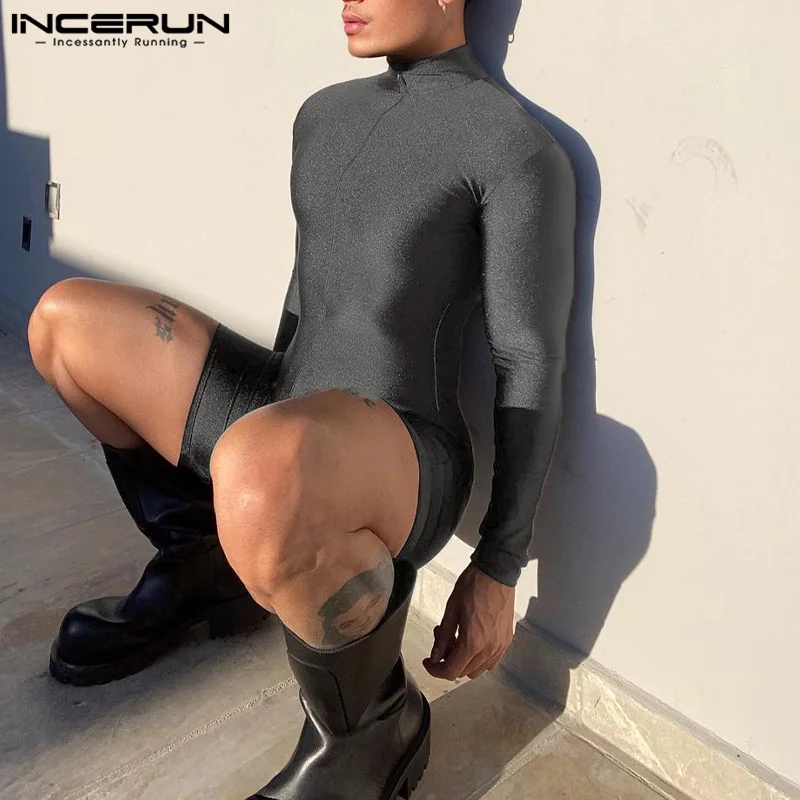 

INCERUN Men Rompers Solid Turtleneck Long Sleeve Skinny Sexy Shorts Casual Men Jumpsuits Streetwear 2023 Zipper Playsuits S-5XL