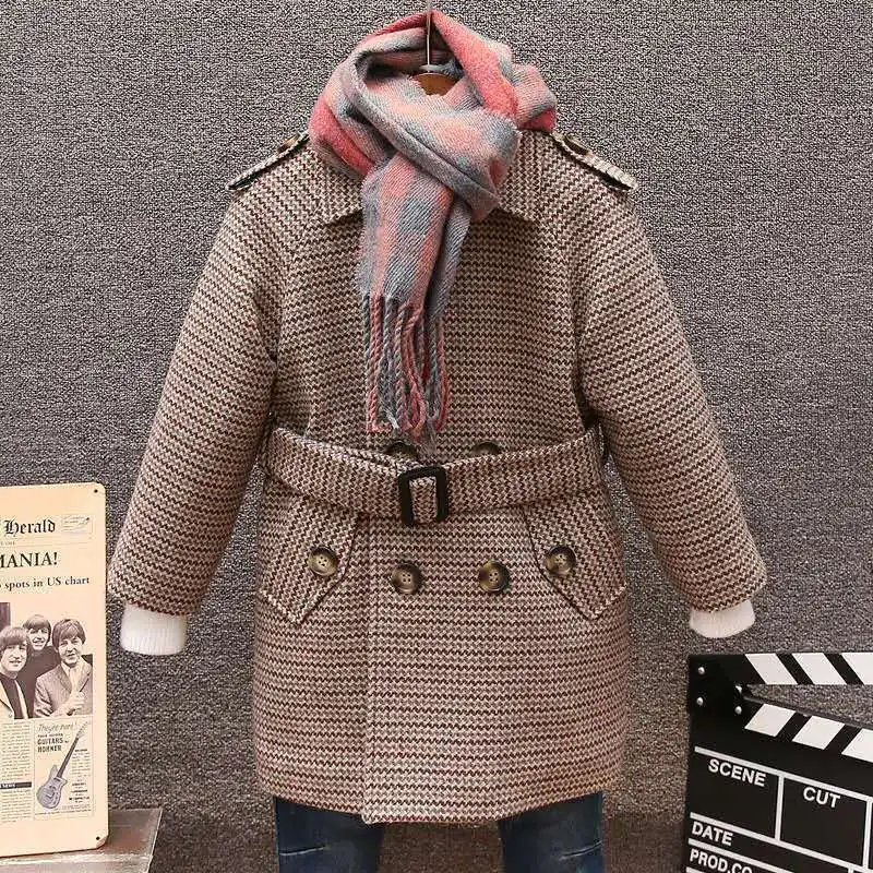 Boy Wool & Blends Woolen Jackets Autumn New Fashion Wave Pattern Solid Turn Collar Belt Kids Children Outerwear & Coats