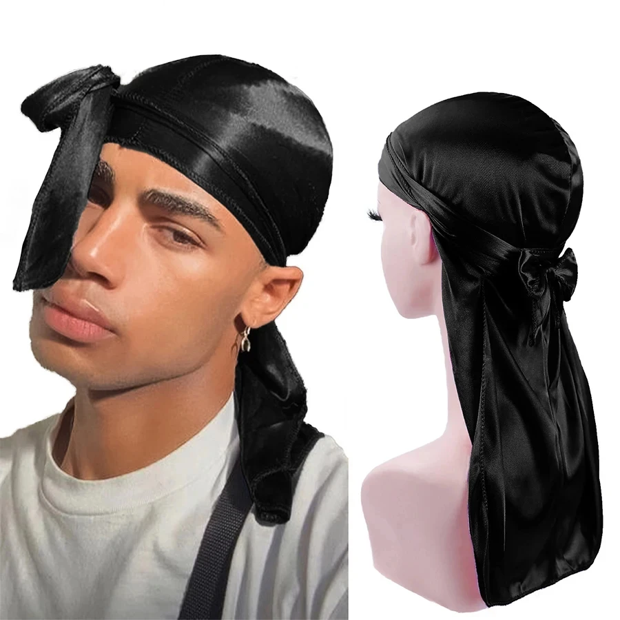 Head scarf trendy satin durag turban hat wigs biker headwrap pirate hat cap for men hair accessories long tail straps bandanas