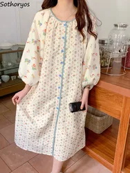 Chic Lace Print Nightgowns Women Fashion Simple Loose Leisure Young Sweet Popular Soft Comfortable Lovely Girls Autumn Ins New