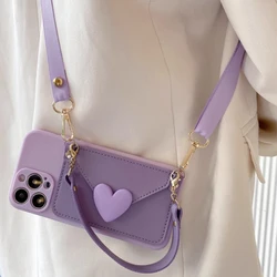 Crossbody Lanyard 3D Heart Wallet Card Case with Wrist Strap - Soft Silicone Cover - MI Poco M4 5G (Purple)
