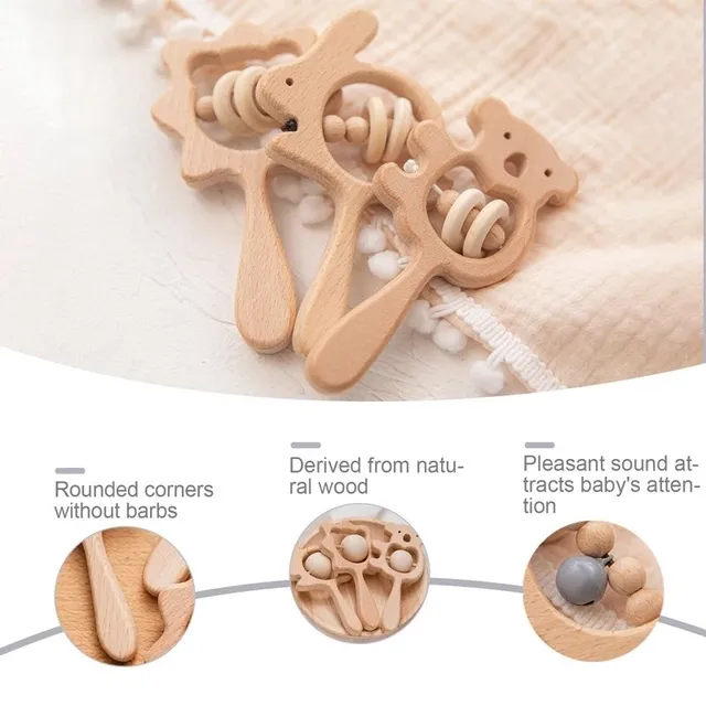 1PC Baby Wooden Rattle Handbell Toy Beech Animal Hand Teething Teether Ring Makes Sound Montessori Educational Baby Care Toy 2
