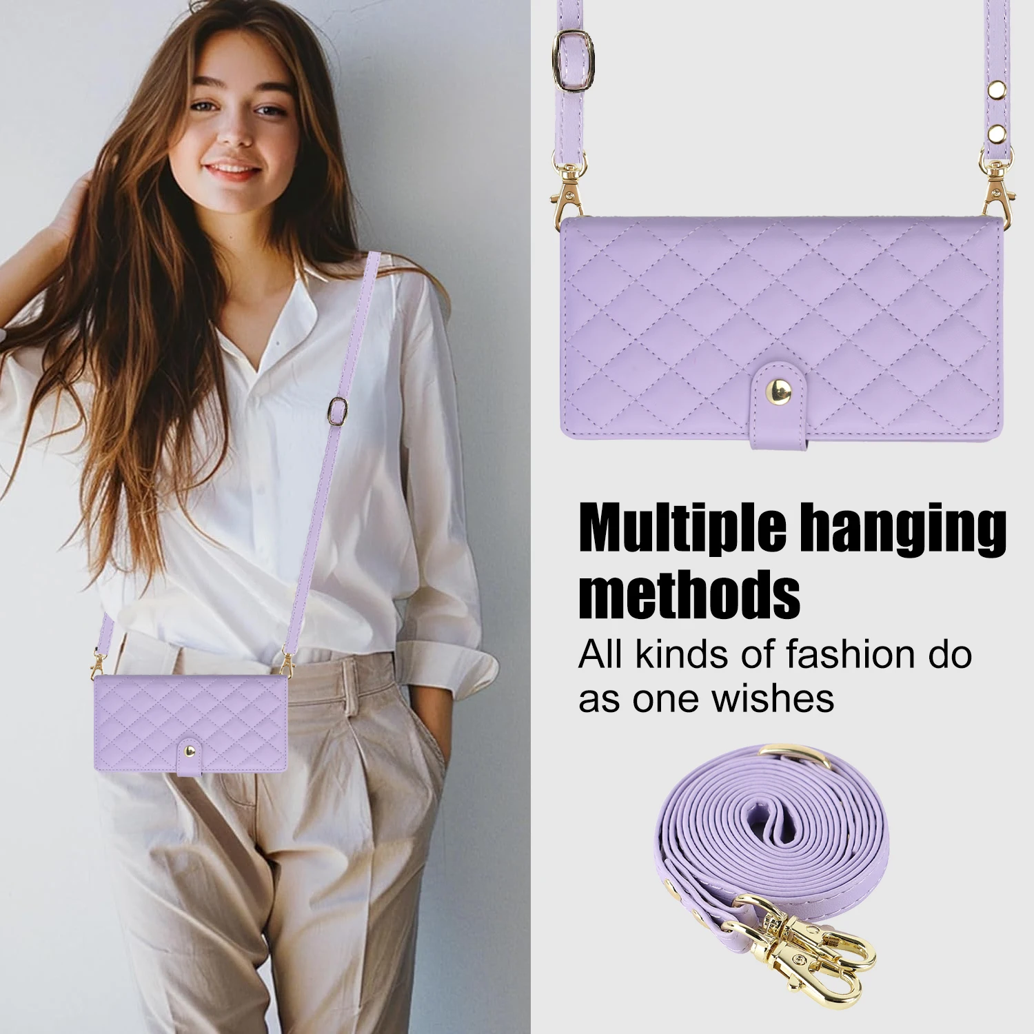 Crossbody Zipper Card Slot Leather Wallet Case with Lanyard Cover