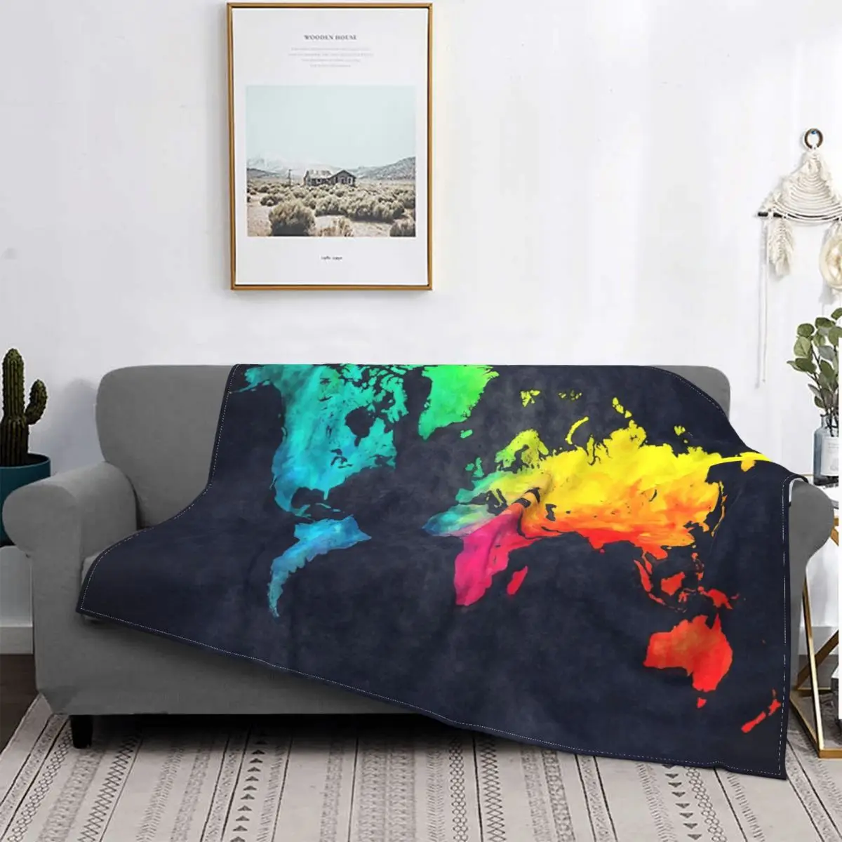 

World Map Watercolor Blanket Fleece Printed Atlas Portable Lightweight Throw Blanket for Home Car Quilt