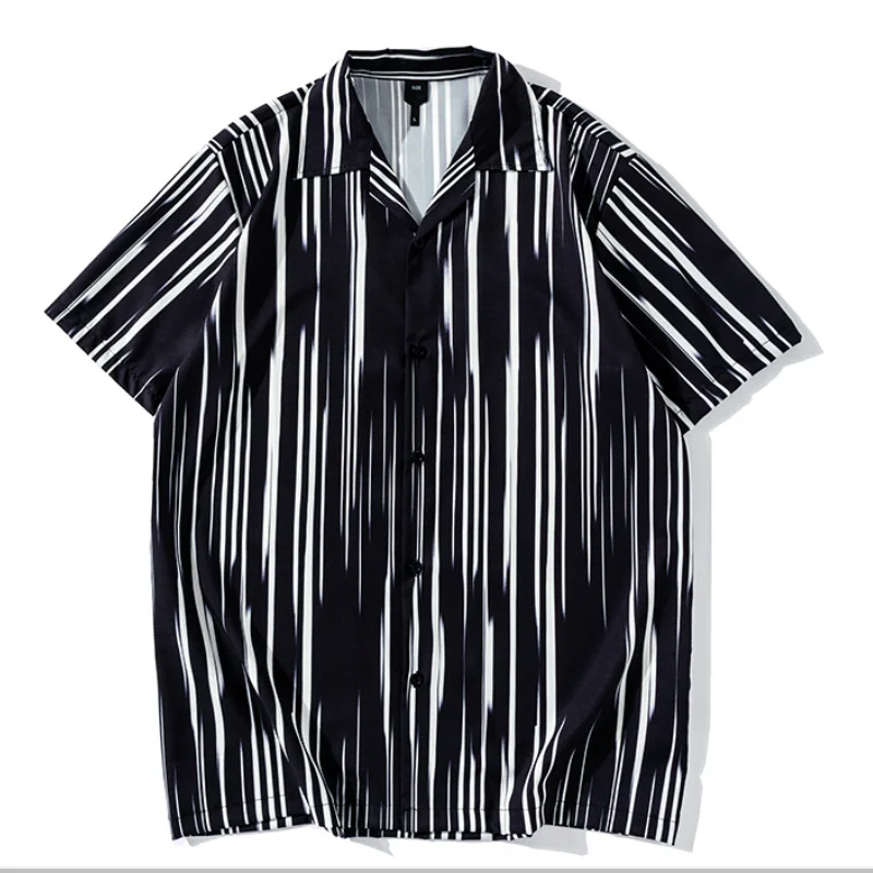 

Vintage White Striped Printed Shirt Summer New Trendyol Men Black Hawaiian Short Sleeve Beach Shirts Man Oversized Chemise Homme