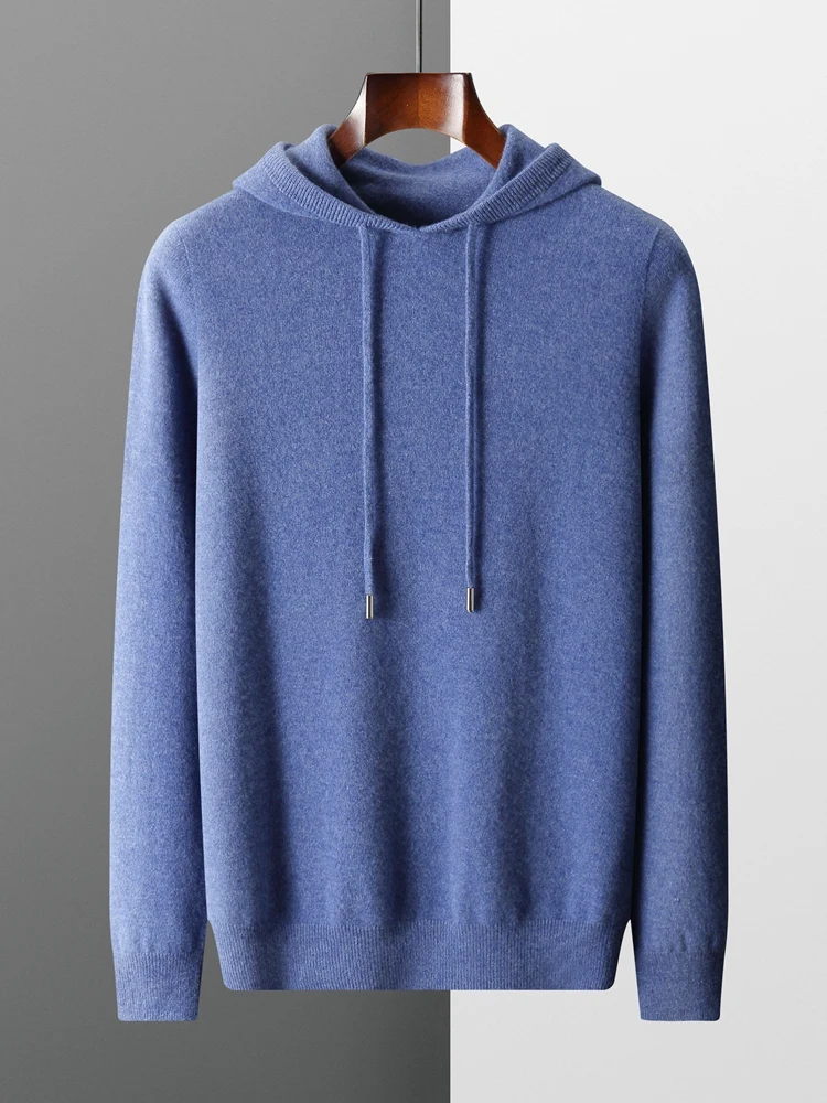 New Autumn Winter Men's Cashmere Hoodie Sweater 100% Merino Wool Hooded Pullover Large Size Knitwear Quality Soft Casual Jumpers 3