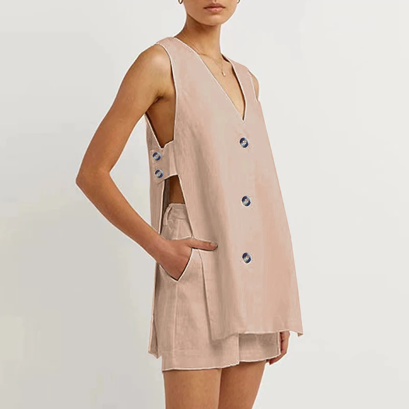 

Женский хлопковый костюм с шортами, Повседневная Свободная блузка без рукавов с V-образным вырезом и карманами, комплект с пуговицами на талии, 2024