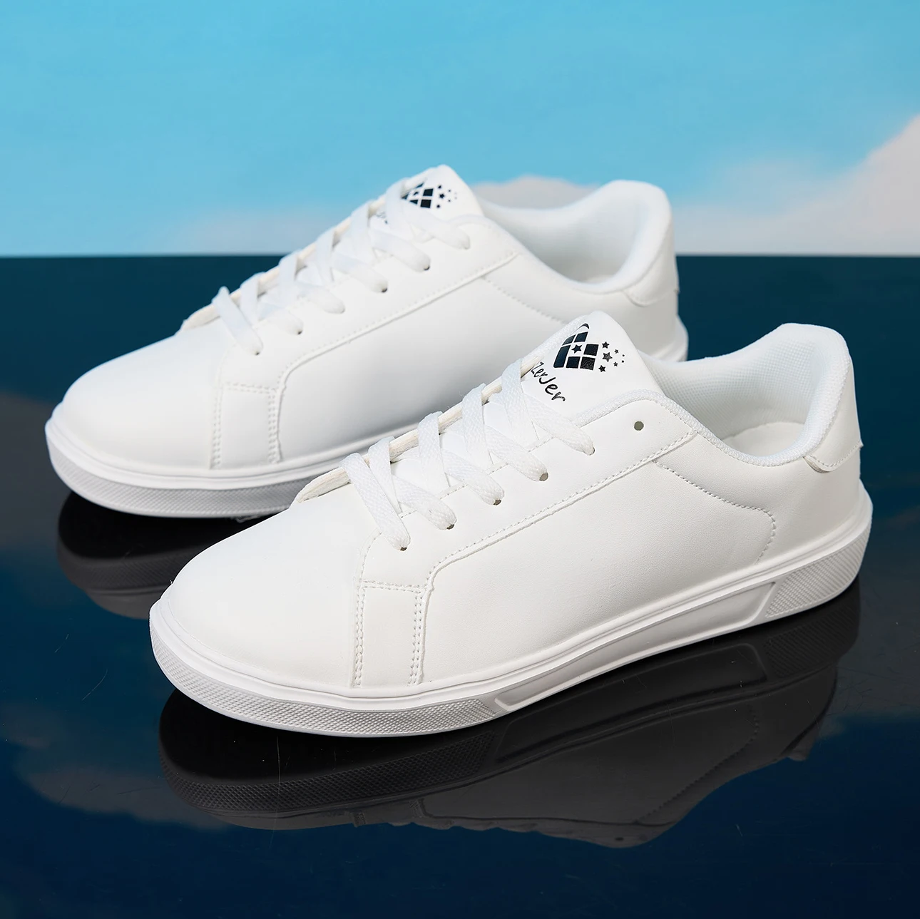 ZERJER Men's White/Black Casual Leather Sneakers, Low Top Lace-Up Skate Shoes, Comfortable Walking Footwear 3