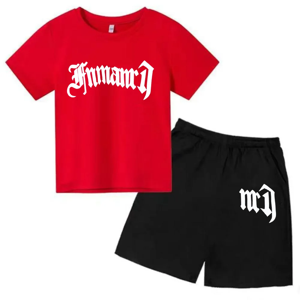 thumbnail image 1 of Ropa para niños con estampado de marca gótica, conjunto de camiseta y pantalones cortos de verano para adolescentes, 2 piezas, manga corta, moda informal para niños y niñas, 1 of 5