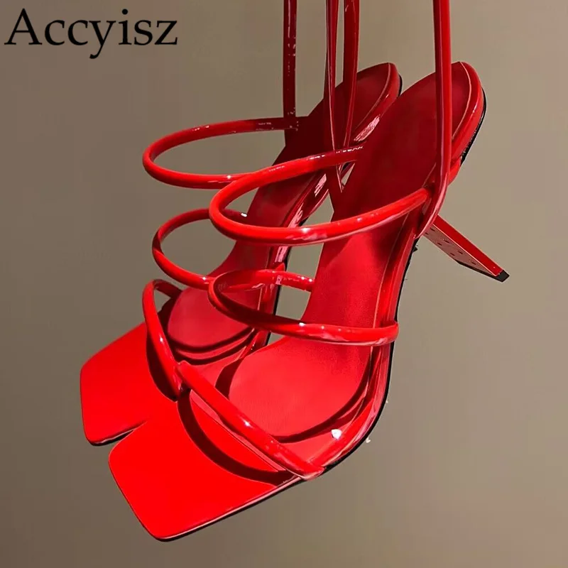 

Strange Style High Heel Sandals Women Real Leather Square Toe Narrow Band Ankle Strap Sandalias Summer Sexy Party Dress Shoes