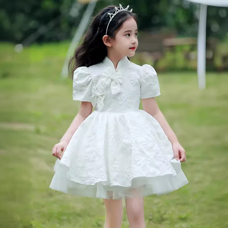 

White High-End Children's Fluffy Princess Ball Gown Girls Birthday Party Wedding Little Host Piano Performance Dress g02