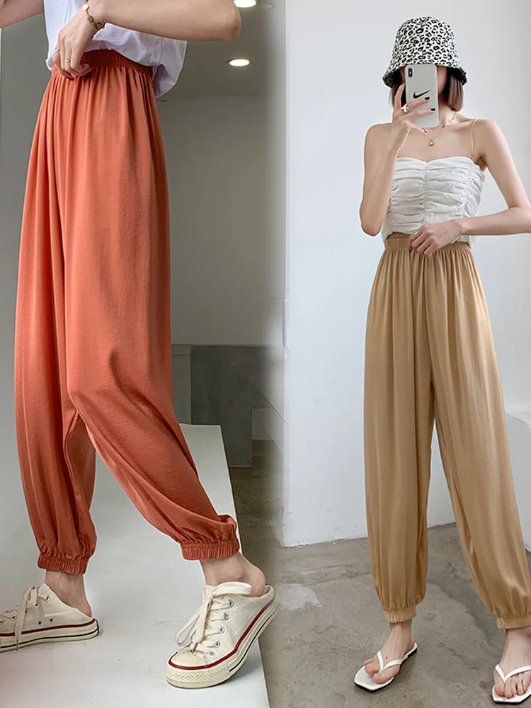 

2024 Women's Summer New Quick-drying Loose Pant Female High Waist Thin Trousers Ladies Solid Color Ice Silk Bloomers C117