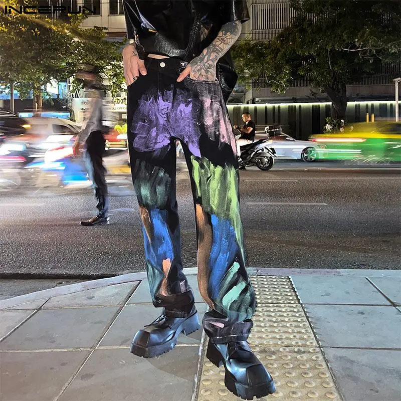 

Korean Style Mens Trousers Personality Graffiti Colorful Print Pants Casual Streetwear Straight Leg Pantalons S-5XL INCERUN 2023