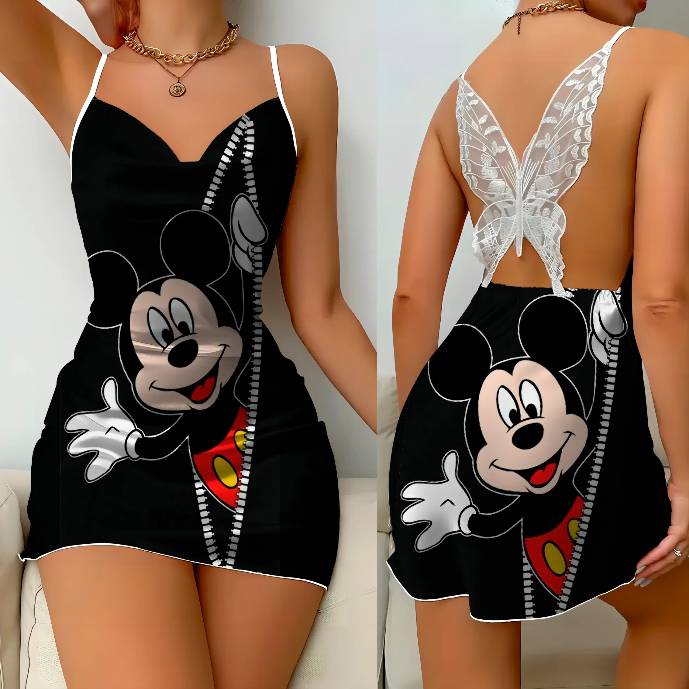 Mini Dress Pajama Skirt Bow Knot Party Dresses Satin Surface Minnie Mouse Disney Mickey Womens Fashion Summer 2024 Elegant Women 4