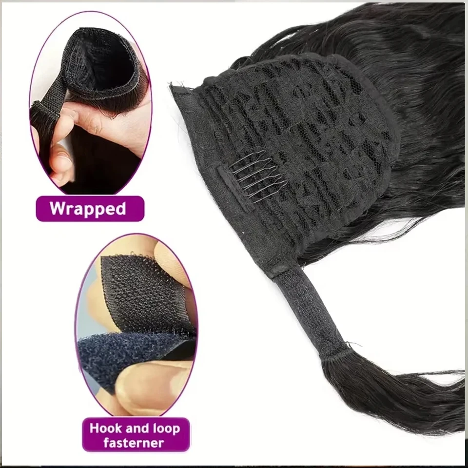 3032인치 워터 웨이브 랩 어라운드 포니테일 100% 인모 포니테일 연장 여성용 몽골리안 헤어