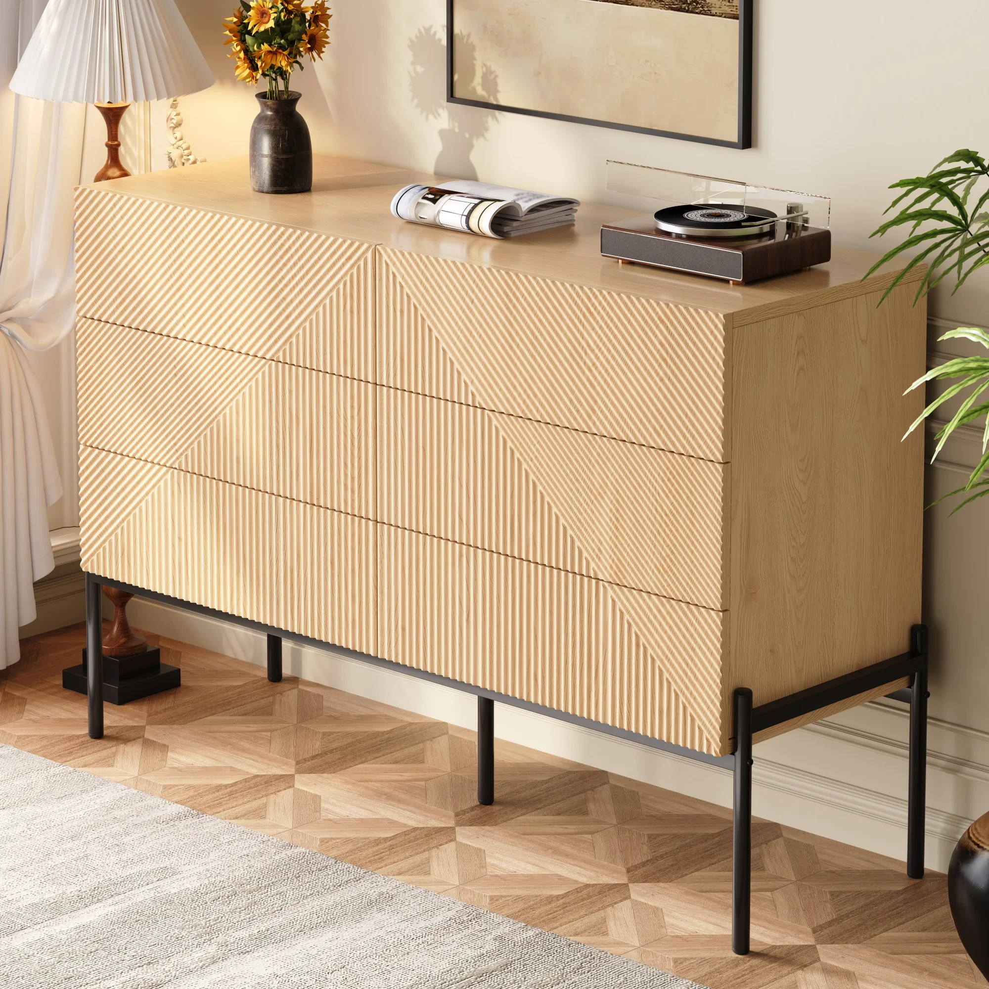 Sideboard, 3D-Textur, sechs Schubladen, geeignet für Wohn- und Esszimmer, multifunktionales Aufbewahrungsmöbel. – Detail 9