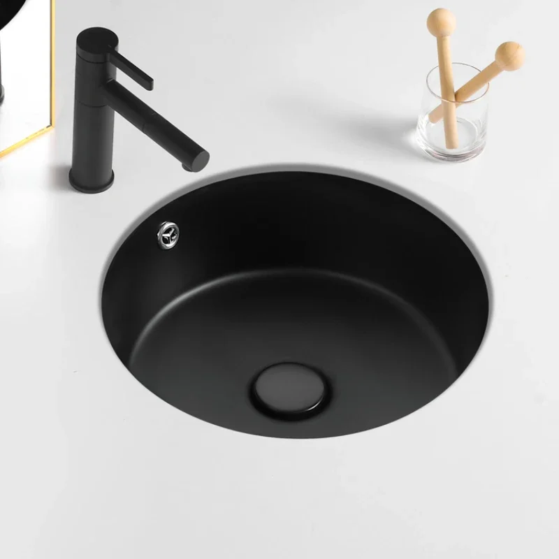 

Matte black round under-table basin household balcony ceramic washbasin single basin embedded small-sized washbasin pool.