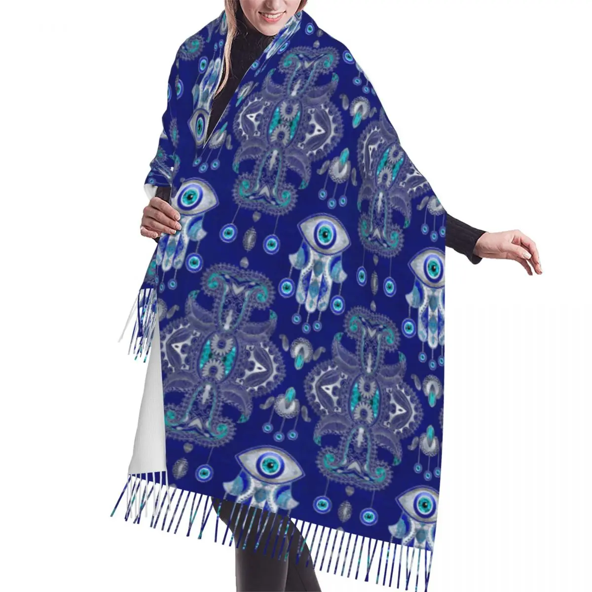 

Stylish Hamsa Hand Evil Eye Amulet Ornament Tassel Scarf Women Winter Warm Shawls Wraps Lady Fashion Versatile Female Scarves
