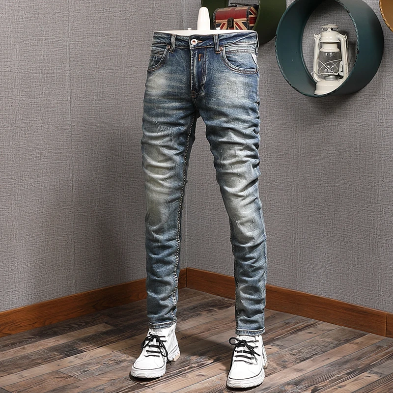 Italian Style Fashion Men Jeans Retro Washed Blue Stretch Slim Fit Ripped Jeans Men Vintage Trousers Designer Denim Pants Hombre