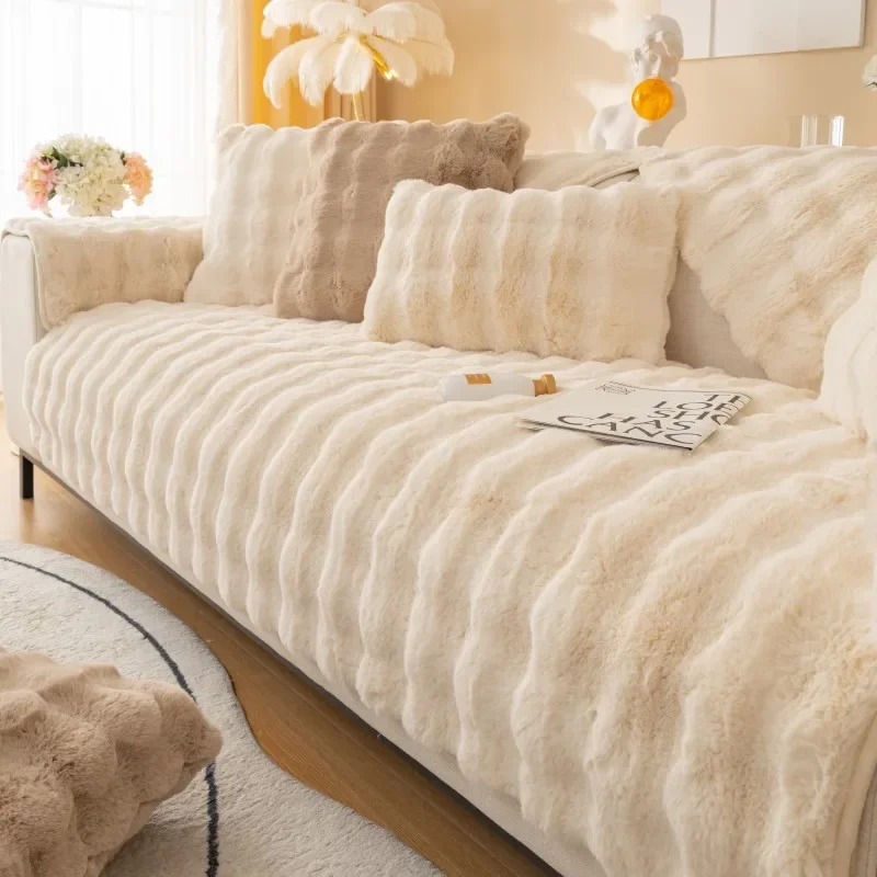 

Winter Thickened Rabbit Plush Sofa Cushion Solid Colour Warm Sofa Cover Non-Slip Living Room Decorative Sofa Soft Backrest Towel