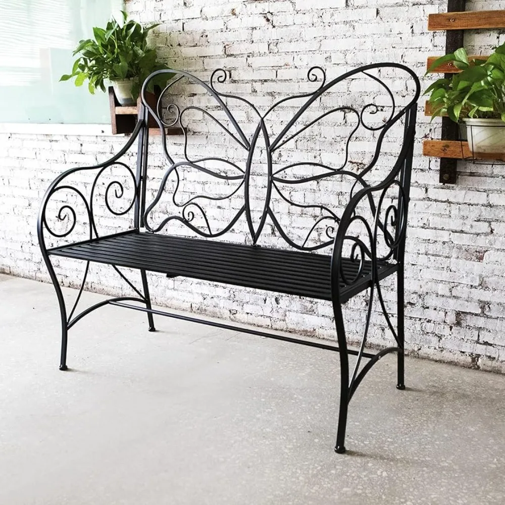 

Patio Outdoor Garden Bench Butterfly Cast Iron Metal With Armrests for Garden Chairs Yard Park Porch Lawn Double Seats Black