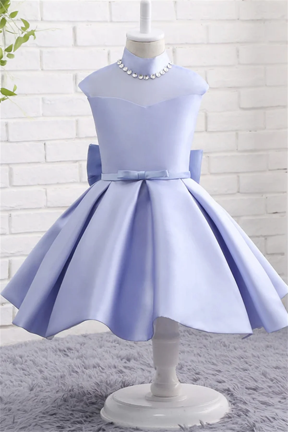 

Purple Satin Knee-length Bow Belt Flower Girl Dress Wedding Elegant Little Flower Child First Piece Communion Party Ball Dress