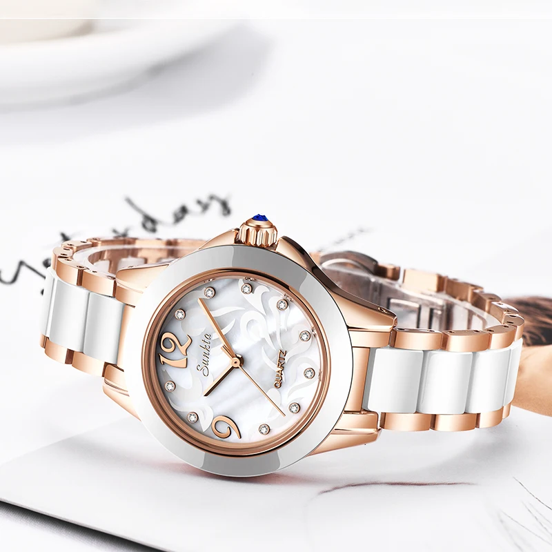 SUNKTA Ceramic Women Watch Fashion Waterproof Ladies Watches Elegant Female Bracelet Wristwatch Luxury Quartz Clock Montre Femme