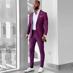 Summer Linen Purple Men Suits Groom Tuxedo Prom Slim Fit Blazers Hombre Casual High Quality Custom 2 Piece Set Costume Homme