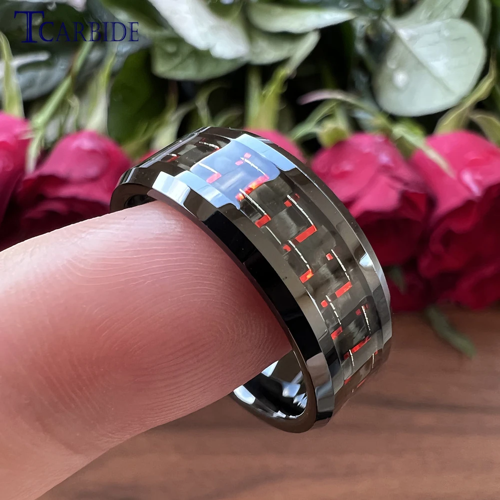 6MM 8MM Carbon Fiber Ring Men Women Classic Tungsten Wedding Band Beveled Polished High Quality Comfort Fit