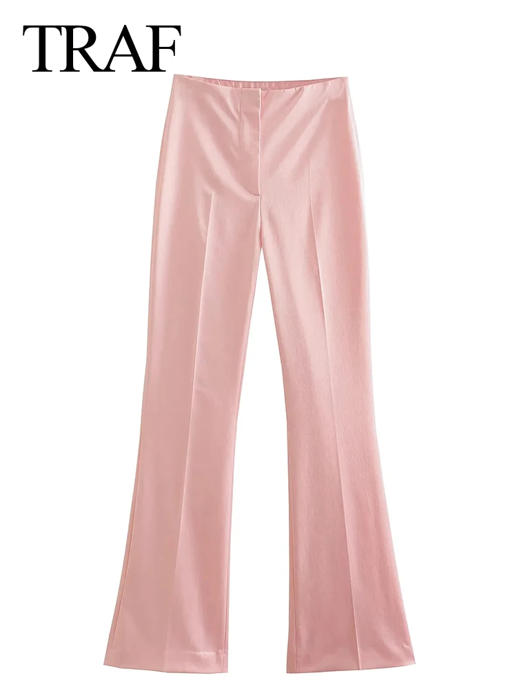 TRAF Solid Color Lightweight Skin Friendly Slim Women's Trousers Pink Premium Flat Silky Satin Texture Ladies Flared Pants