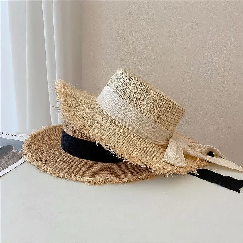 Beach HatJapanese Everything Hairy Edge Straw Hat Female Summer Flat Top Outing Sun Hat Small Fresh Bow Sun Shade Beach