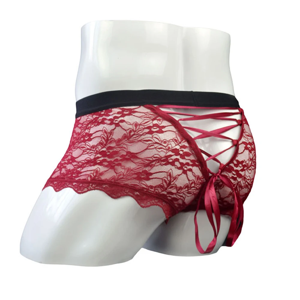 

Мужские ультратонкие кружевные трусы-боксеры Boxershort, прозрачные сетчатые трусы с завязкой сзади, нижнее белье