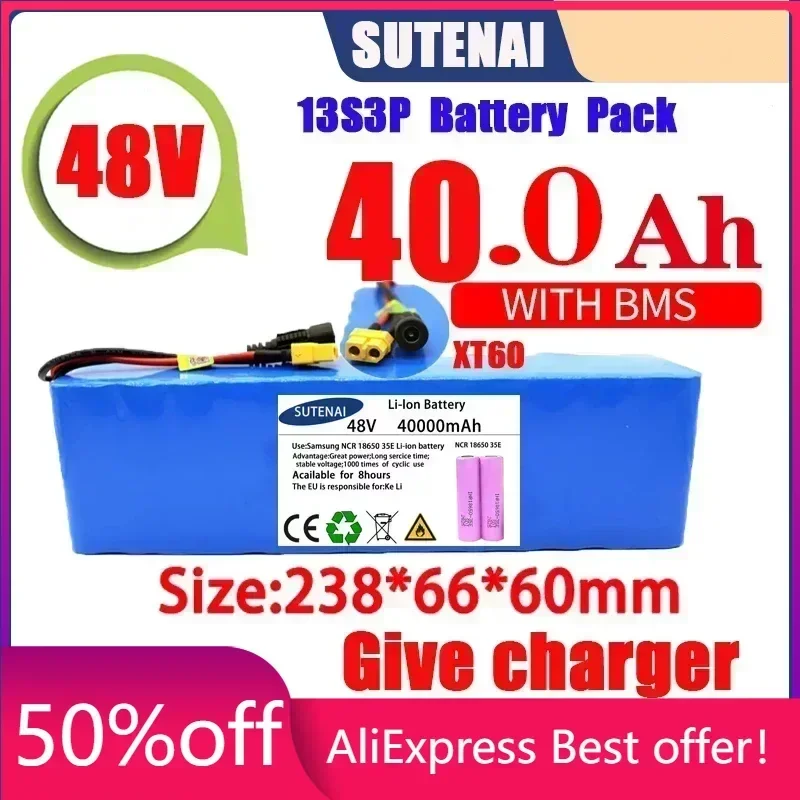 

Powerful 48V 120000mAh 1000w 13S3P XT60 120Ah Li-ion Battery for 54.6V Scooter Electric Bike with BMS Charger