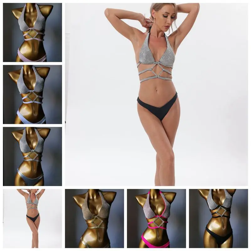 

Female Underwear Sexy Lingerie Sets For Women Club Festival Party Rave Glitter Diamonds Rhinestone Padded Bras Thong Bikini Set
