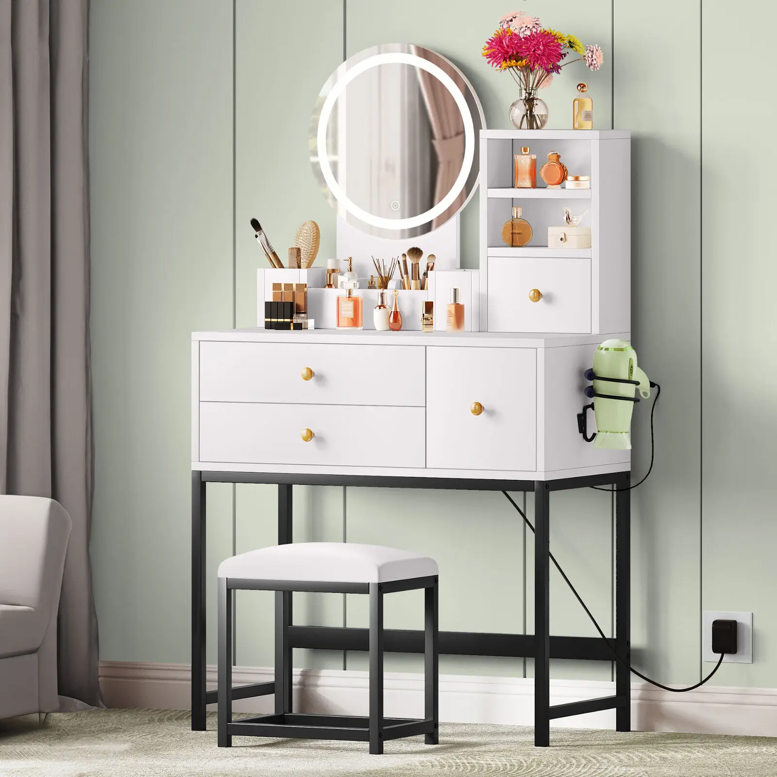 

Vanity Desk Set Make Up Dressing Table w/ LED Lighted Mirror Stool 4 Drawers