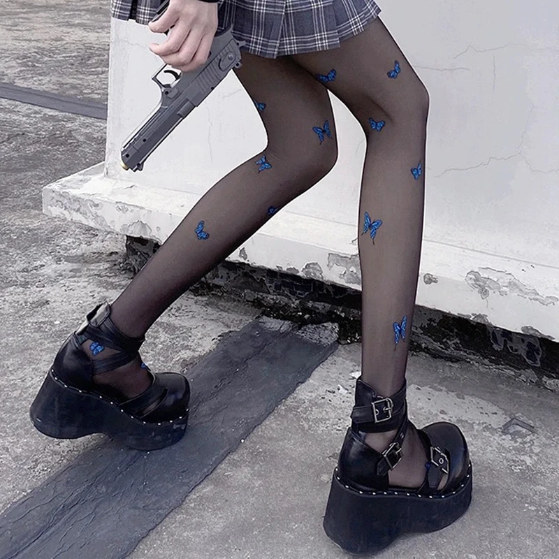 

Blue Butterfly Silk Tights Women Sexy Black Skin Thin Pantyhose Tights Mesh Nylon Longs Stocking Seamless Lolita Pantyhose