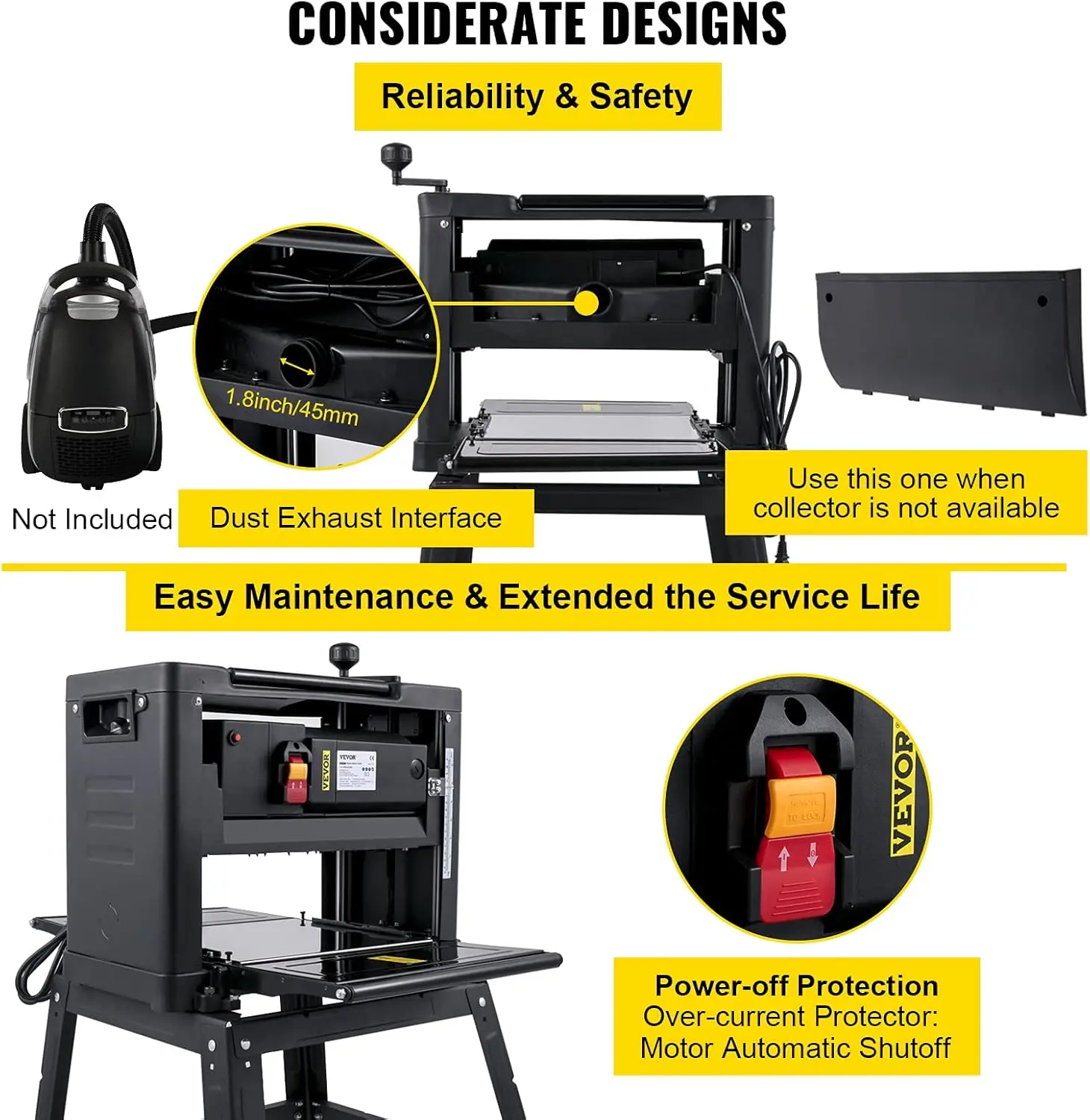 Thickness Planer - 13-Inch Benchtop Wood Planer, 2000W, 8000 rpm, 15 AMP, Foldable, 6m/min Planing Speed, Iron Stand