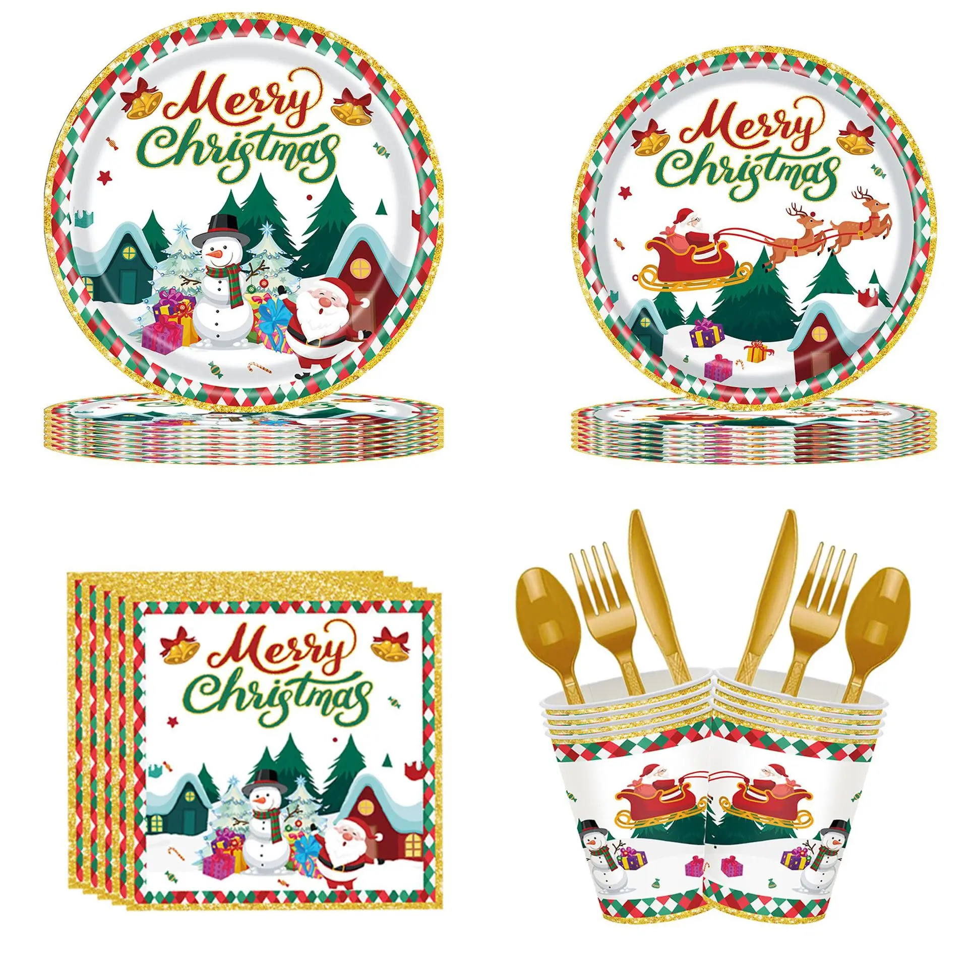 

Merry Christmas Theme Party Disposable Cups Tableware Set Paper Plate Napkins Tablecloth Banner Home 2023 New Year Decoration