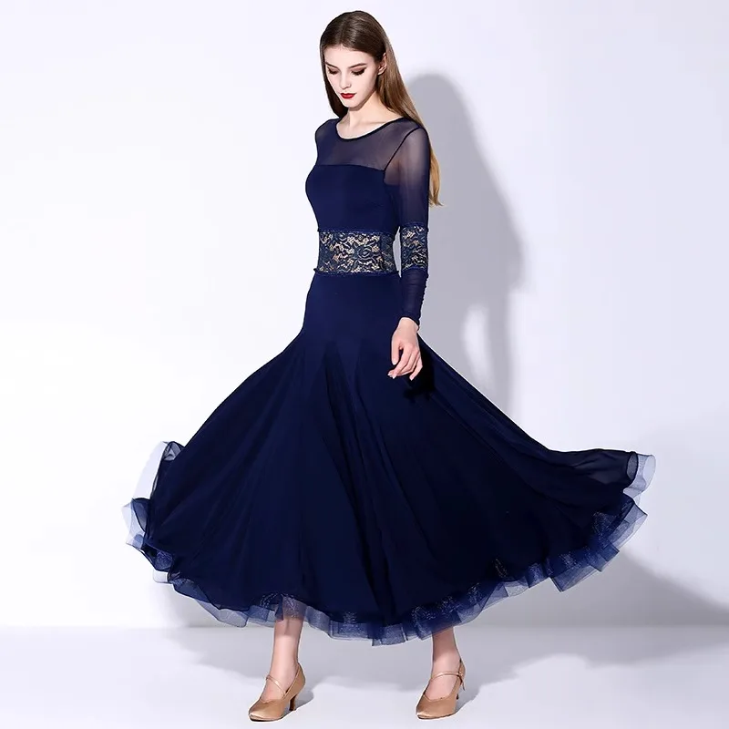 New Adult Modern Dance Dress MY875 National Standard Dance Dress Navy Blue Long Sleeved Waltz Practice Suit