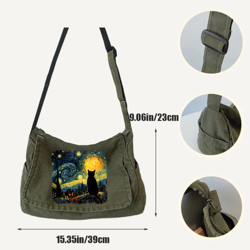Artistic Women's Shoulder Bag Canvas Cat Print Large Capacity Messenger Bag Daily Use Crossbody Bag